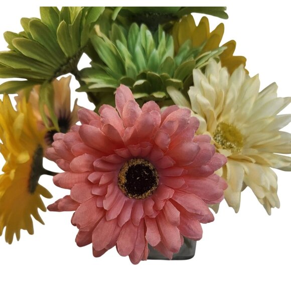 Silk Gerbera Daisy Floral Arrangement - Green Yellow & Pink Multicolor - Picture 1 of 10